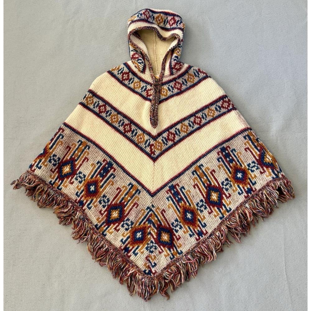 VTG 70s Sabra Wool Hooded Poncho Cape Nordic Fair Isle Fringe Boho Folk Sweater